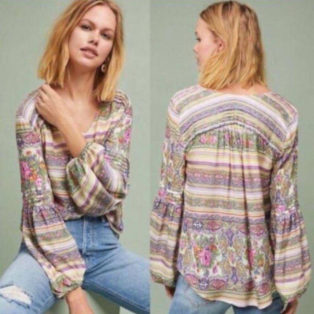 Maeve Anthropologie Ceresco Floral-Print Peasant Blouse